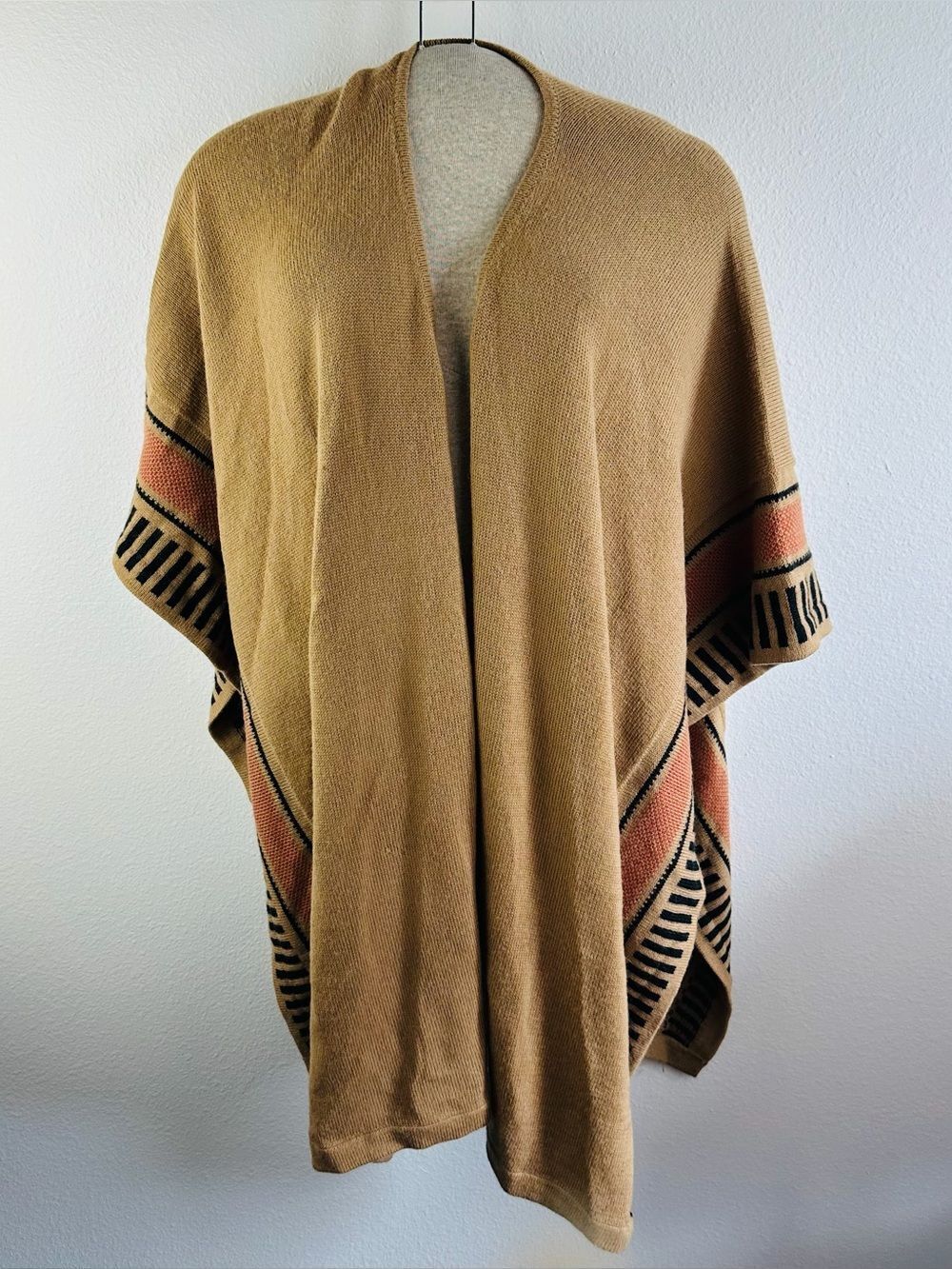 Novica Alpaca Blend Tan Orange Black Open Cardigan Wrap Sweater OS